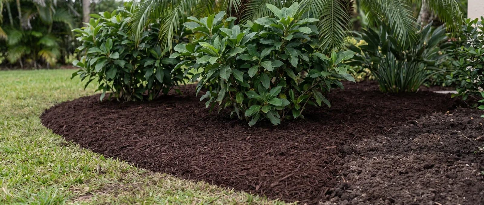 Fresh dark mulch spread around planted shrubs with a crisp cut bed edge against turf