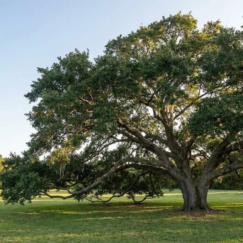A mature live oak with a broad spreading canopy